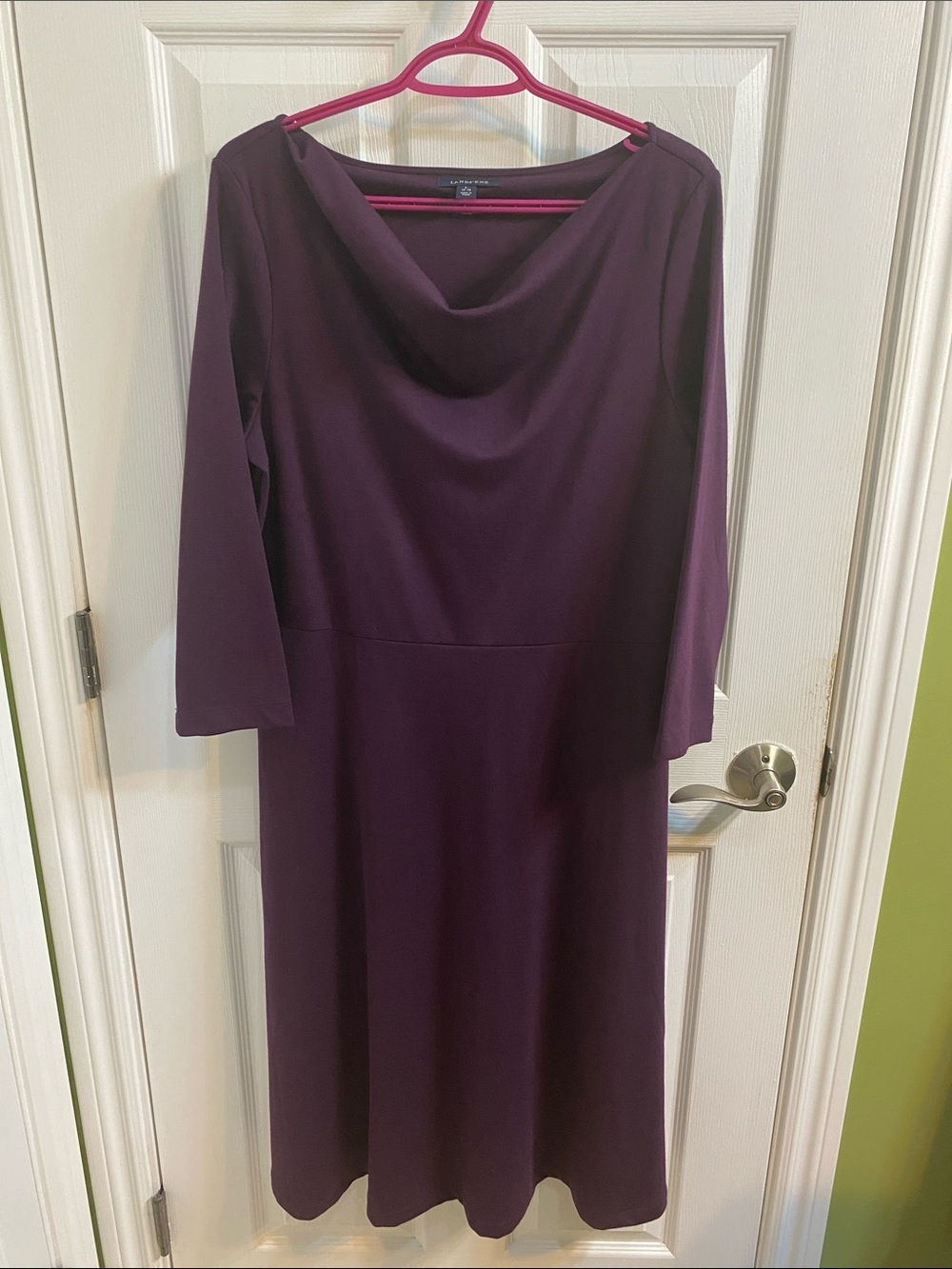 Lands End Purple Midi Dress Womens Size Large 14-16 Cowl Neck 3/4 Sleeve